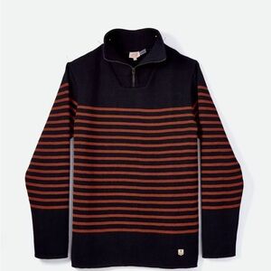 Armor Lux- 100% wool Navy and Orange Striped quarter zip Men's Sweater